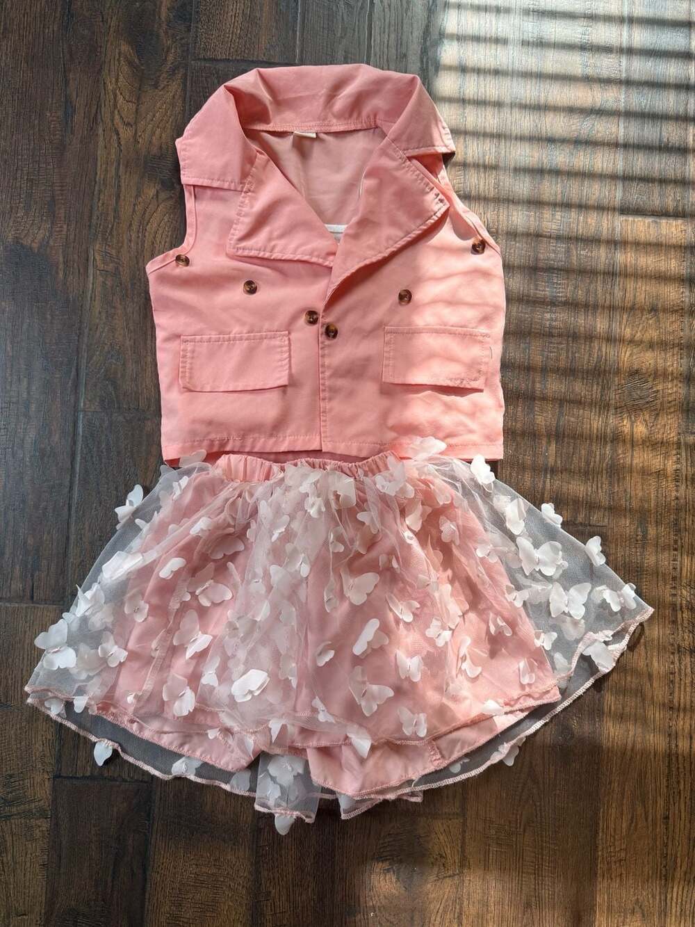 Girls 3-Piece Pink Vest, Cami Top and 3D Butterfly Mesh Skirt Outfit Set